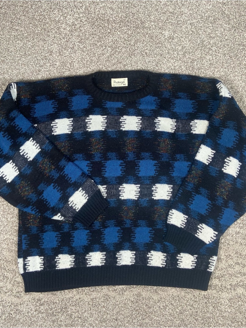 Vintage Protege Knit Sweater Mens Large 80s 90s Coogi Style Blue Abstract